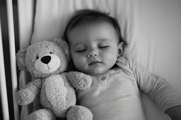 A serene baby peacefully sleeps next to a plush teddy bear, providing a heartwarming and tender visual of comfort and tranquility in a restful atmosphere.
