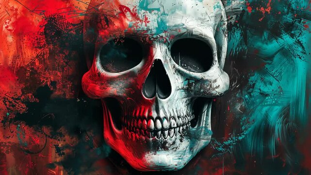 Gothic skull painted in expressive red and blue strokes. Horror and abstract expressionism concept, 8k Wallpaper High-resolution digital art.