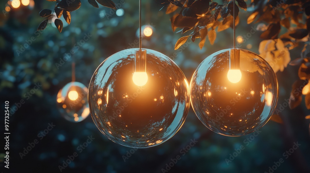 Poster softly glowing orbs suspended in space, casting dynamic reflections and shadows.