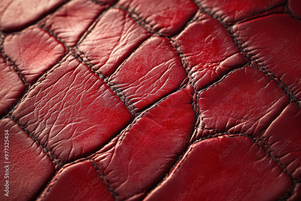 Poster close-up of textured red leather surface showing intricate stitching patterns in a patchwork design,