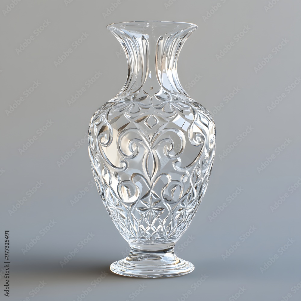 Poster 265. a delicate crystal vase with intricate design isolated on a soft gray background