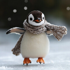 A tiny penguin wearing cozy scarf joyfully ice skates on snowy surface, creating delightful winter scene. Its playful expression adds to charm of this adorable moment