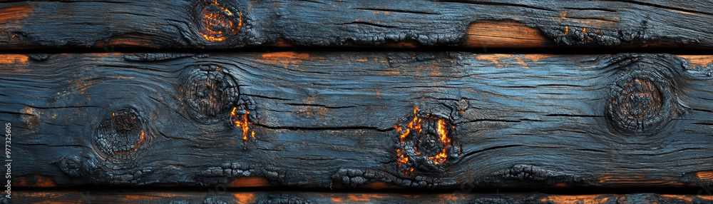 Aufkleber close-up of charred wooden planks showing texture and burn marks, creating a rustic and dramatic loo