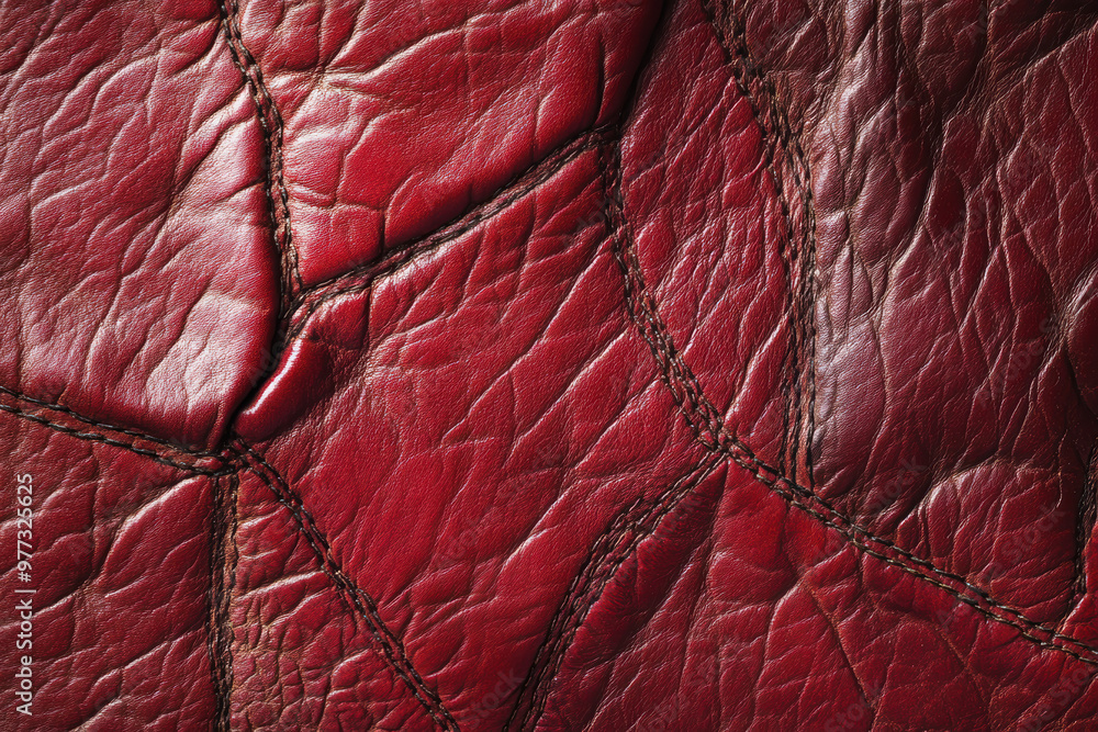 Poster close-up texture of red leather with detailed stitching lines, showcasing rich color and intricate p