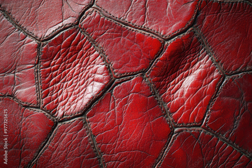 Poster a close-up texture of red leather with intricate patterns and stitching, showcasing detailed craftsm