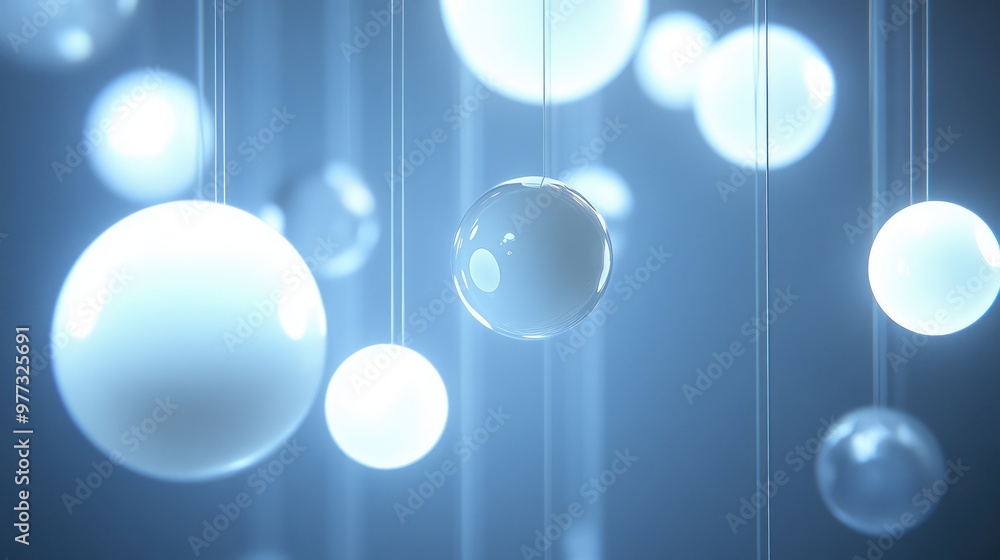 Poster softly glowing orbs suspended in space, casting dynamic reflections and shadows.