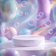 Obraz premium Smooth white platform in a whimsical, pastel pink setting with floating bubbles. Product advertisement & promotion concept.