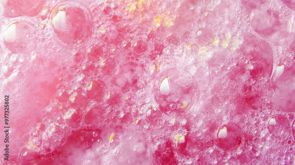 Poster close-up of vibrant pink soap bubbles creating a surreal and dreamy texture, perfect for a backgroun