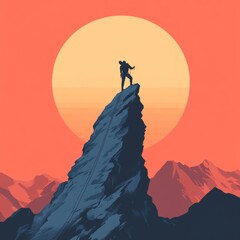 Naklejka premium A person standing on top of a mountain peak with arms raised symbolizing success and achievement