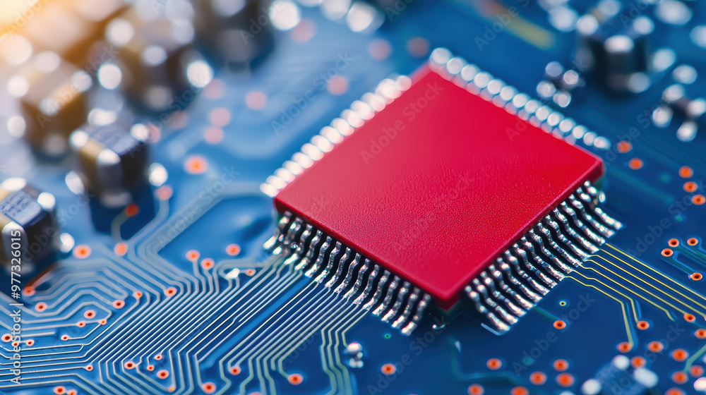 Poster close-up of a red microchip on a blue circuit board with intricate wiring and electronic components,