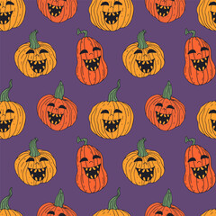 Seamless pattern with cute hand drawn Halloween jack-o-lantern pumpkins. Line art spooky repeat background.