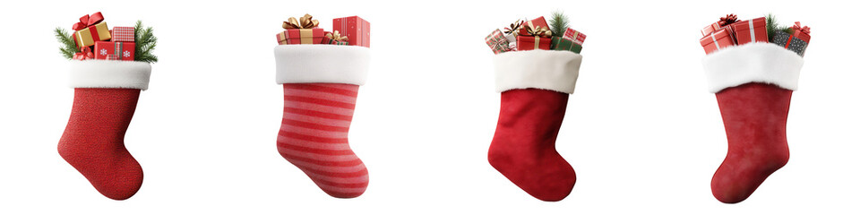 Set of colorful Christmas stockings adorned with gifts, perfect for festive decoration and holiday cheer. isolated on a transparent background