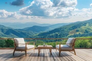 Fototapeta premium Enjoy breathtaking views from this cozy outdoor seating area. Perfect for relaxation and contemplation. A blend of nature and modern design awaits you. Generative AI