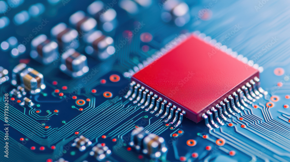 Poster close-up of a red microchip on a blue circuit board, showcasing intricate electronic components and 