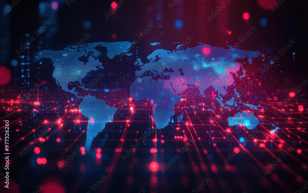 Poster a futuristic digital world map with glowing technology connections. represents global data networks 