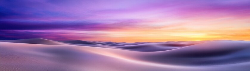 A breathtaking landscape featuring soft, undulating dunes under a vibrant, multicolored sky at sunset, evoking serenity and beauty.