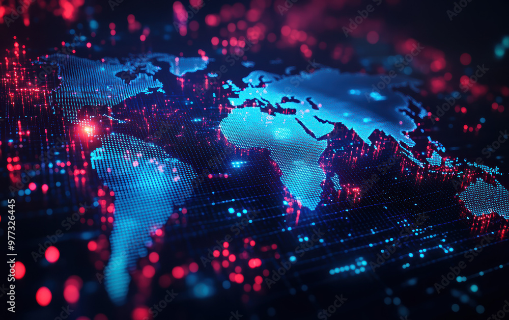 Poster a futuristic digital world map with vibrant data points representing global connectivity and technol