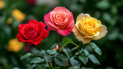 Naklejka premium Beautiful roses in vibrant colors blooming in a garden during springtime