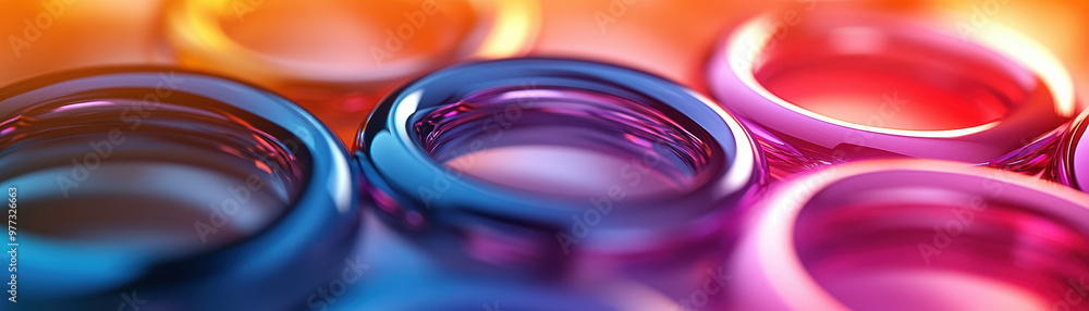 Aufkleber vibrant close-up of colorful, glossy rings arranged in rows, illuminated with gradient lighting. a s