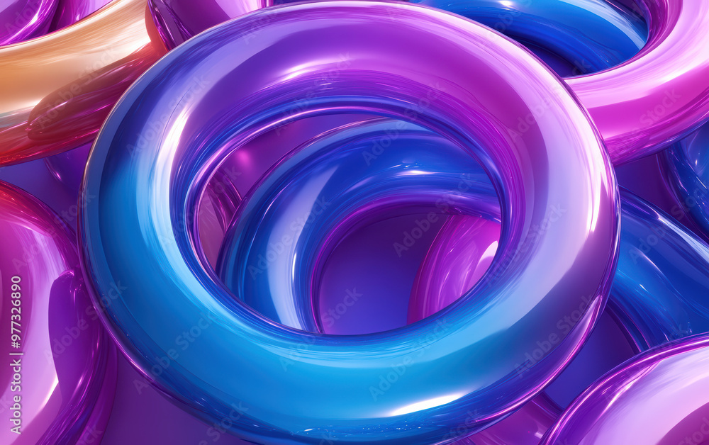 Poster vibrant circular shapes in hues of blue and purple, creating a dynamic, futuristic abstract composit