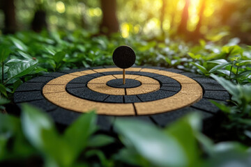 A perfect target stands amid lush green foliage in a forest, with sunlight filtering through the trees, creating a serene setting for focused practice.