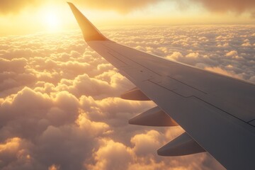 A stunning view from an airplane wing shows clouds illuminated by a golden sunrise. Capture the beauty of travel. Perfect for aviation and nature lovers. Generative AI