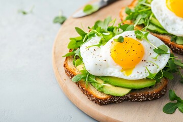 Avocado toast garnished with microgreens and poached eggs, nutrient-rich breakfast, healthy eating concept.