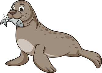 Cartoon sea lion eating fish vector illustration
