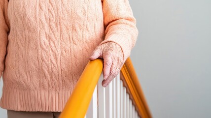 Elderly person holding onto a handrail while descending stairs, with careful steps, safety, fall prevention