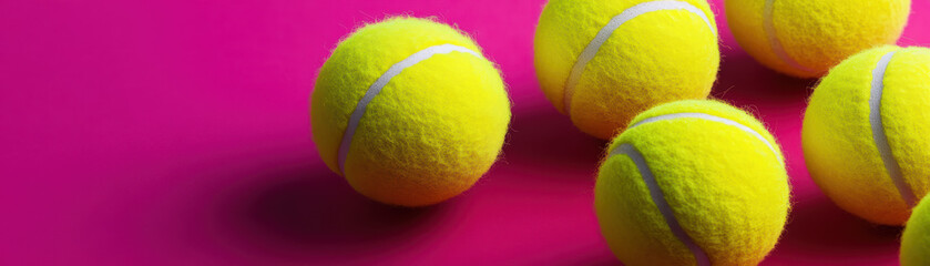 Five bright yellow tennis balls arranged on a vibrant pink background, creating a contrasting and lively composition perfect for sports-related designs.