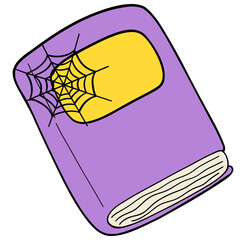 Colorful Halloween school supplies in a old book with a flat cartoon doodle design, set in funky classrooms for students