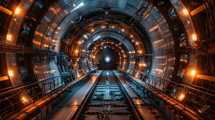 Massive particle accelerator facility, scientific architecture: A colossal particle accelerator facility features vast circular structures and high-tech laboratories, designed for cutting-edge 