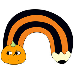 Colorful Halloween school supplies in a Halloween pencil rainbow with a flat cartoon doodle design, set in funky classrooms for students