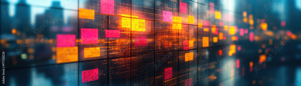 Poster abstract digital interface with vibrant data visualization and futuristic technology elements agains