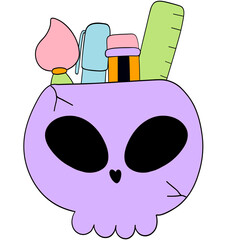 Colorful Halloween school supplies in a skull pencil holder with a flat cartoon doodle design, set in funky classrooms for students