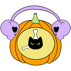 Colorful Halloween school supplies in a pumpkin Alarm Clock with a flat cartoon doodle design, set in funky classrooms for students