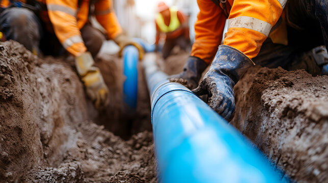 Construction Workers Installing Underground Blue Pipe | Infrastructure Development and Utility Installation