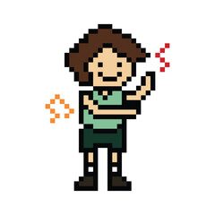 Obraz premium Cute pixel cartoon 8bit character man exercises training dance lifestyle music decoration life style 8 bit male boy dance with music game fitness isolated PNG vector.