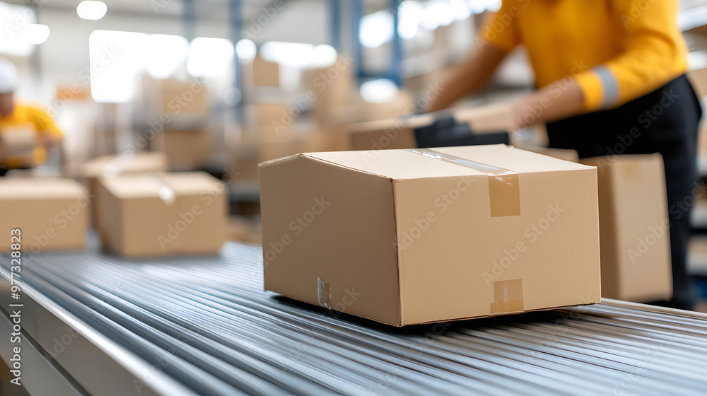 Aufkleber conveyor belt moving packages with workers sorting boxes | efficient warehouse operations and logist