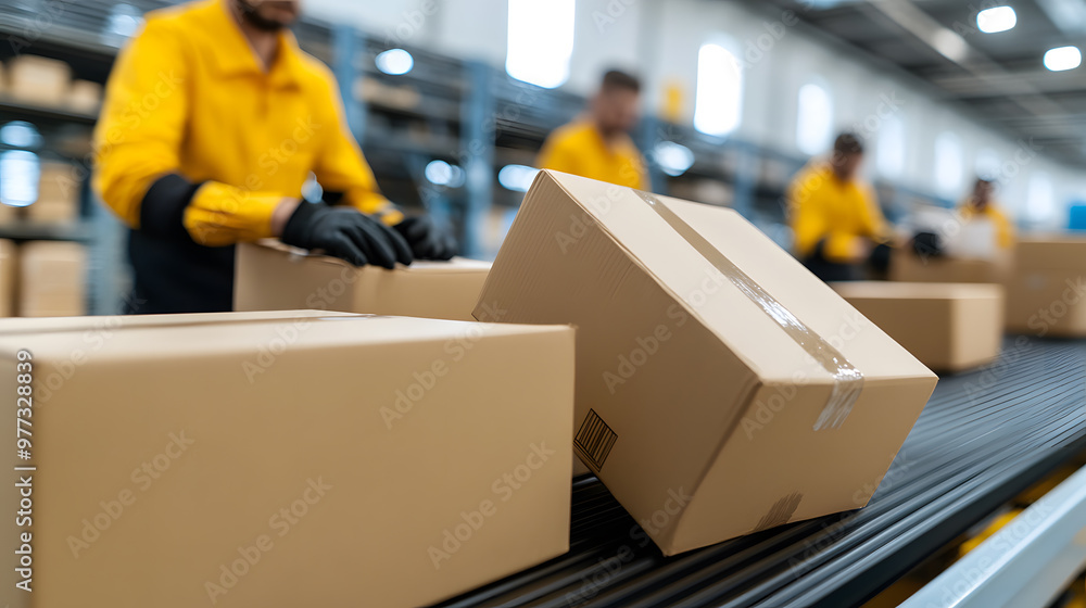 Aufkleber conveyor belt moving packages with workers sorting boxes | efficient warehouse operations and logist