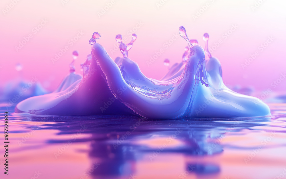 Poster a mesmerizing splash in soft hues of pink and purple, creating a fluid and ethereal scene with refle