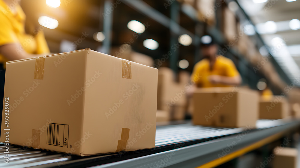 Poster conveyor belt moving packages with workers sorting boxes | efficient warehouse operations and logist