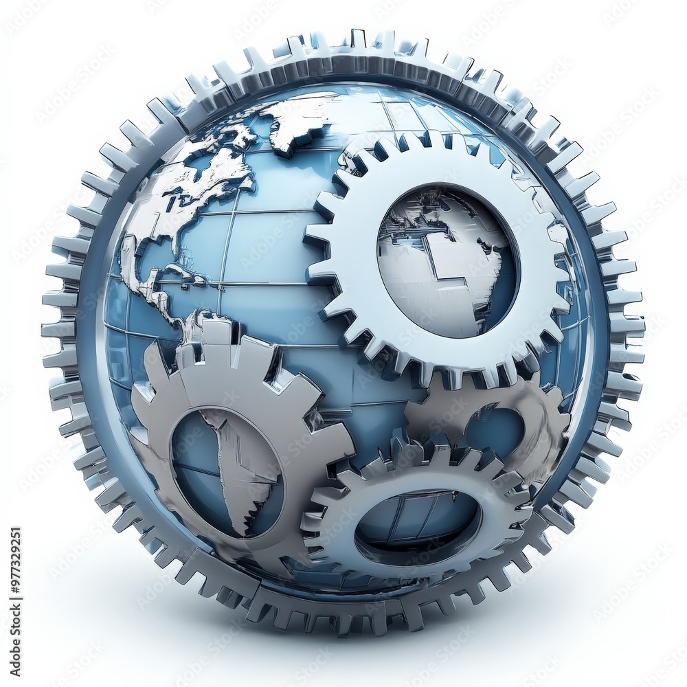 Poster global gears in motion: a metallic globe encircled by interlocking gears, symbolizing global industr