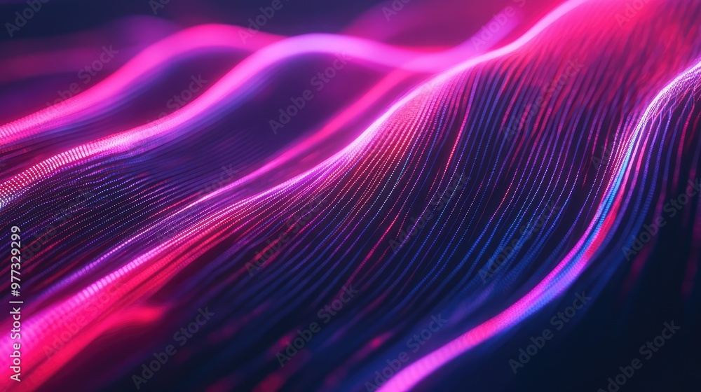 Poster pulsating neon lines stretching and bending, creating an abstract digital wave.