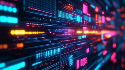 Quantum-enhanced UI design systems, neon particle effects, futuristic digital room