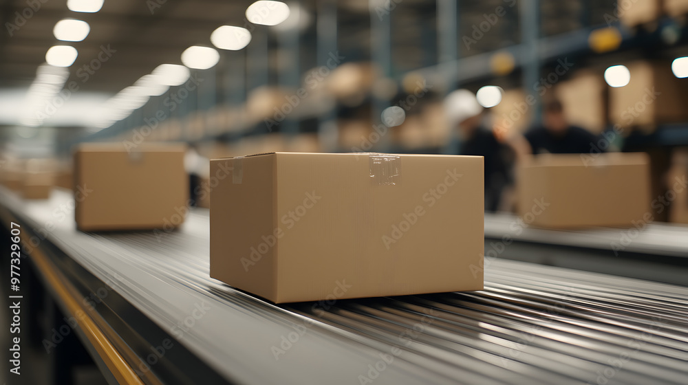 Poster conveyor belt moving packages with workers sorting boxes | efficient warehouse operations and logist