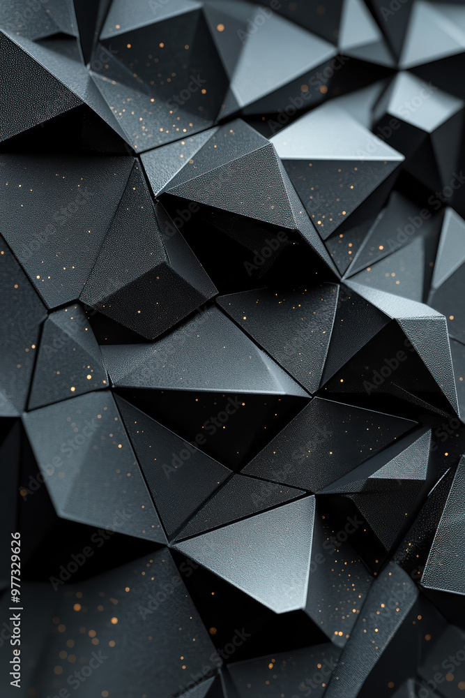 Poster abstract geometric background with dark angular shapes and gold speckles, creating a modern and eleg