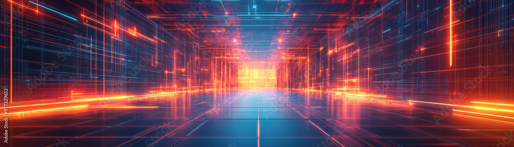 Poster futuristic digital corridor with glowing neon lights and intricate grid patterns. vibrant colors dep
