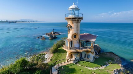 Lighthouse converted into unique seaside home: A towering lighthouse stands proudly on the coast, repurposed into a charming and unique home with stunning views of the endless sea. 