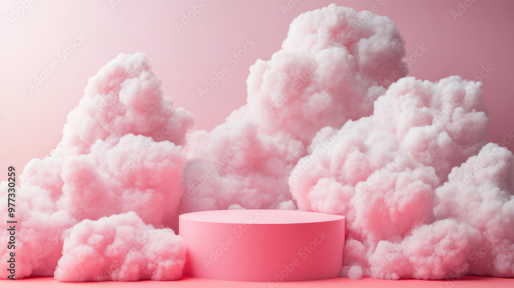 Poster dreamy pink cotton clouds hover above a minimalist circular podium, creating a soft and serene backd